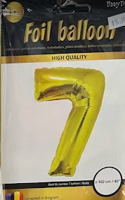 Gold foil number 7 balloon on retail packaging with “HIGH QUALITY” text