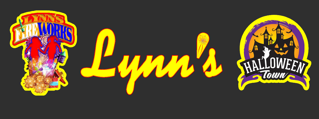 Lynn's Fireworks “Lynn’s” in yellow script, flanked by two Halloween logos on a black background.