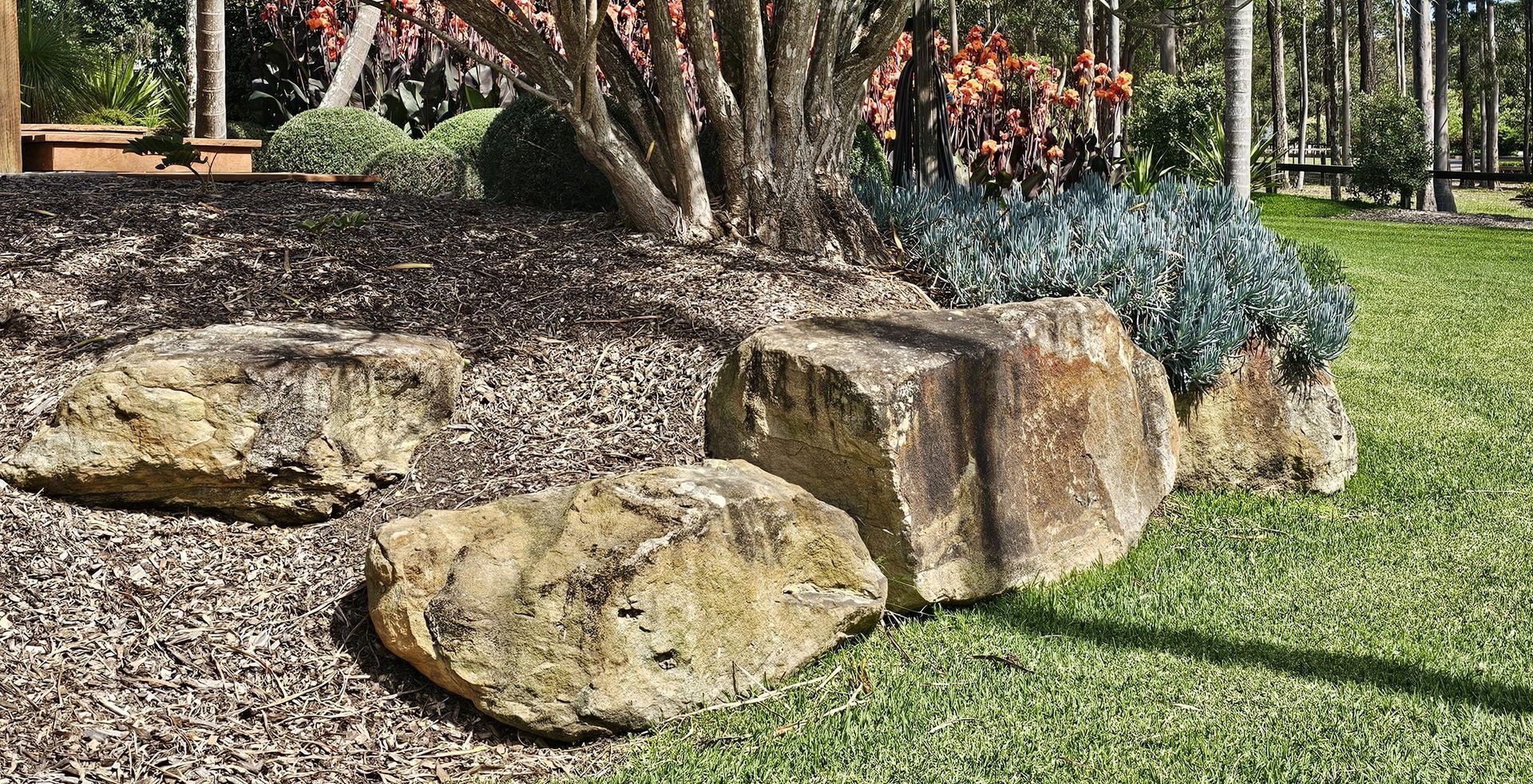 Rocks in a landscaped garden bed with mulch and green plants, bordering a lawn.