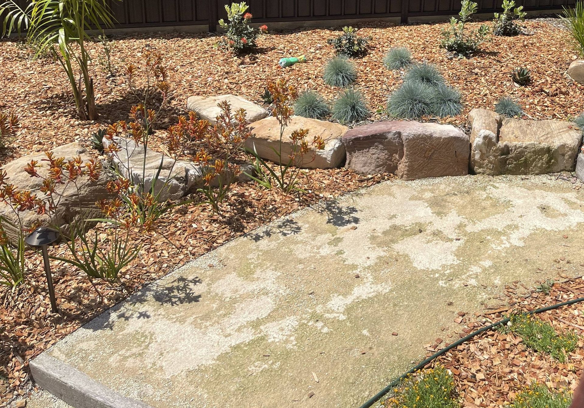 A garden bed with gravel path, stone edging, and mulch. Plants and small shrubs are visible.