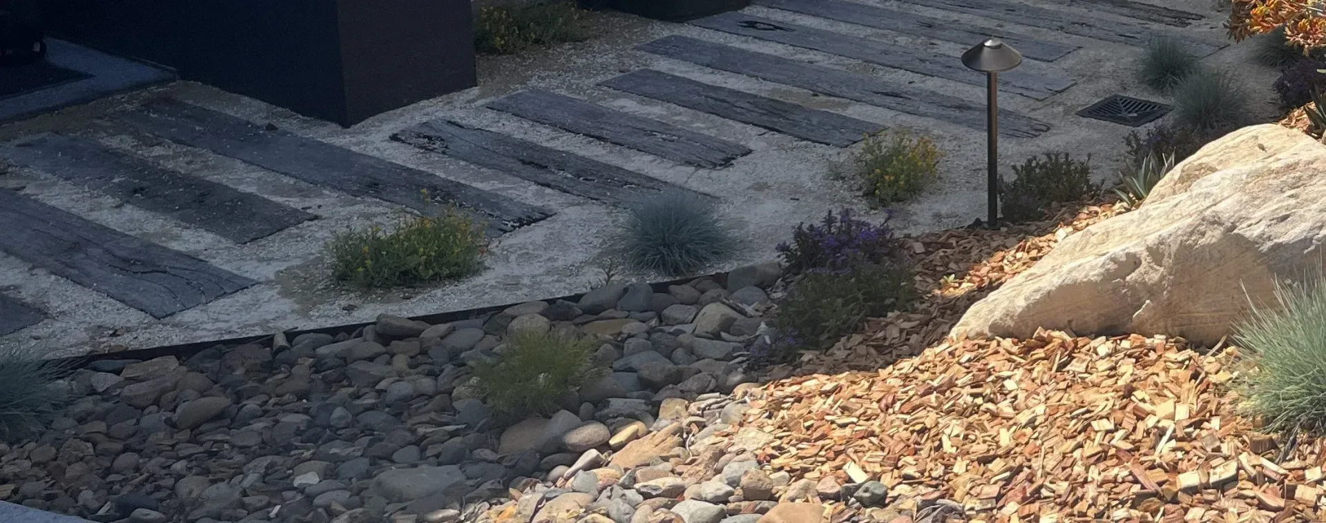 Stone pathway with low-growing plants and rock landscaping.