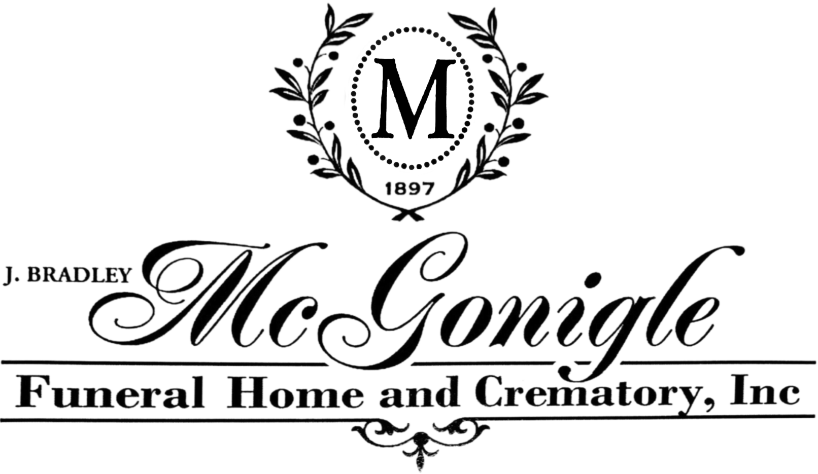 Logo for McGonigle Funeral Home and Crematory, Inc. featuring a wreath, initial 