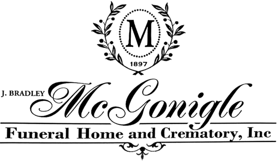 Logo for McGonigle Funeral Home and Crematory, Inc. featuring a wreath, initial 