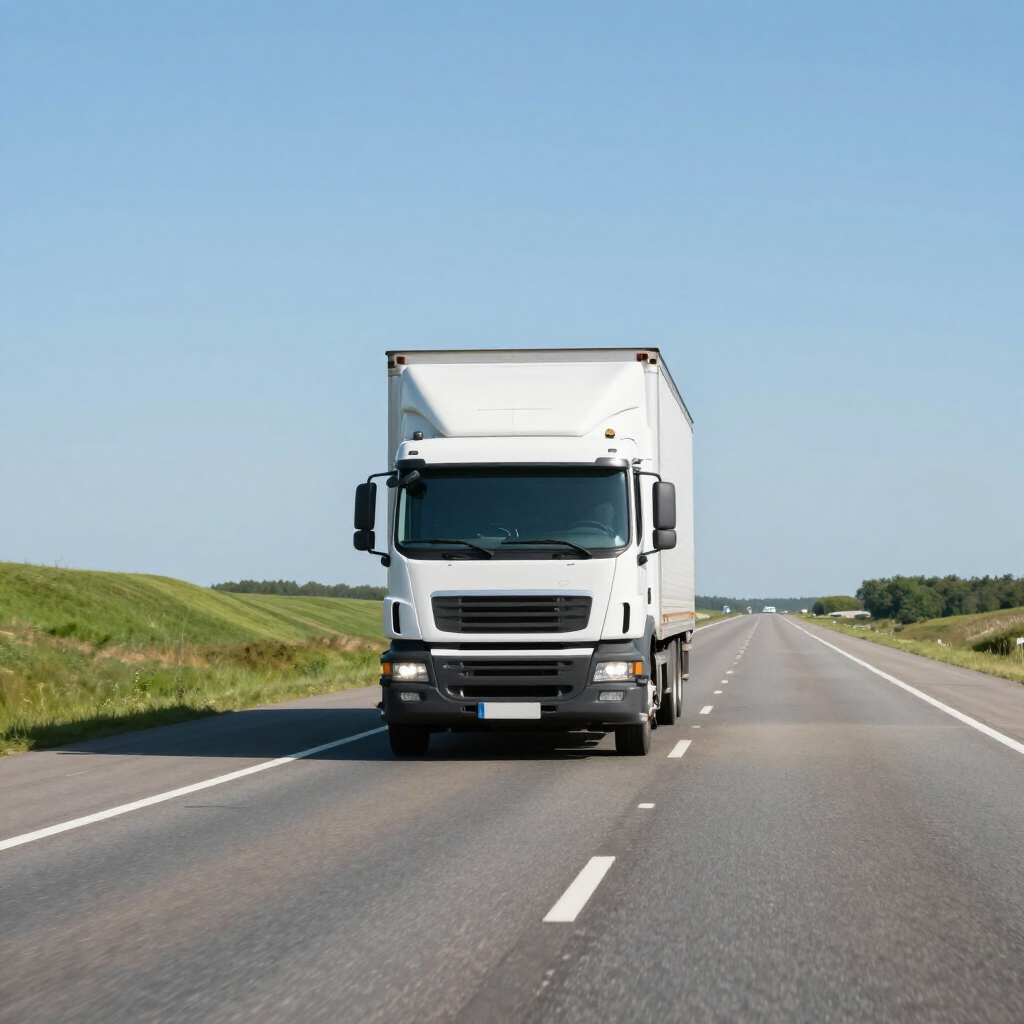 Un camión semirremolque blanco circulando por una carretera asfaltada a través de un paisaje soleado y abierto.