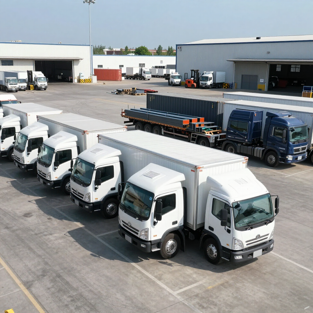 Una fila de furgonetas blancas aparcadas en el terreno de un almacén, con un gran camión de transporte al fondo.