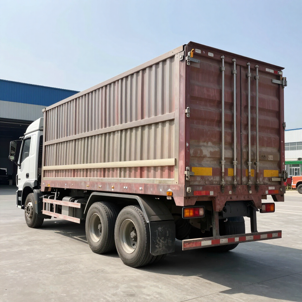 Un camión blanco de plataforma con un gran contenedor de transporte marrón, desgastado por el tiempo, montado en la parte trasera, en un patio industrial.