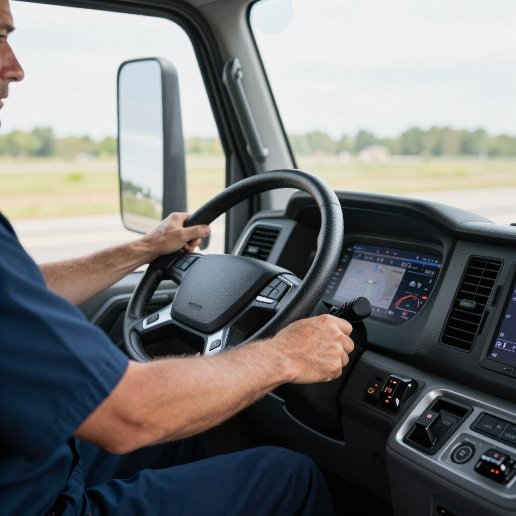 Una persona con una camisa azul sujeta el volante de un camión mientras conduce por una carretera.