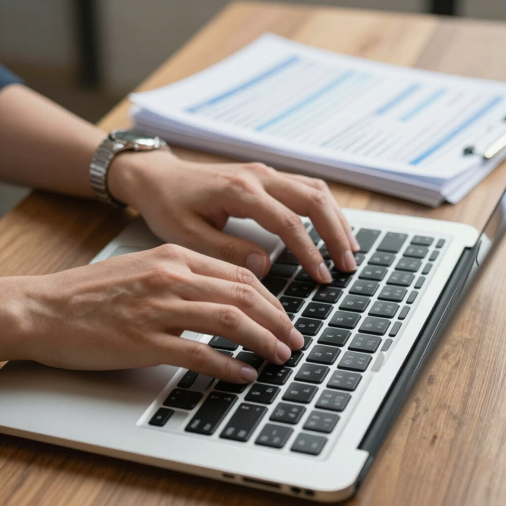 Una persona tecleando en un ordenador portátil con una pila de papeles cerca, sobre un escritorio de madera.