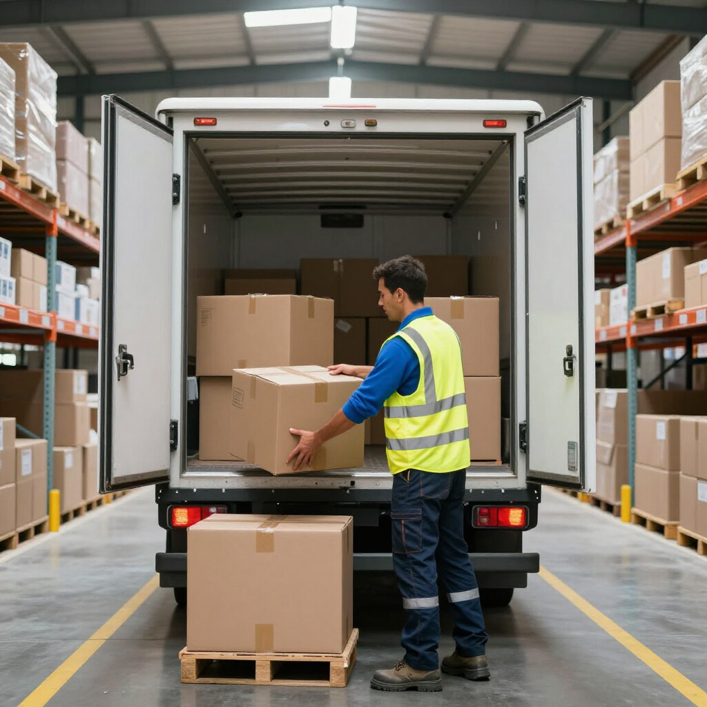 Una persona con un chaleco reflectante carga una caja de cartón en la parte trasera de un camión de reparto en un almacén.