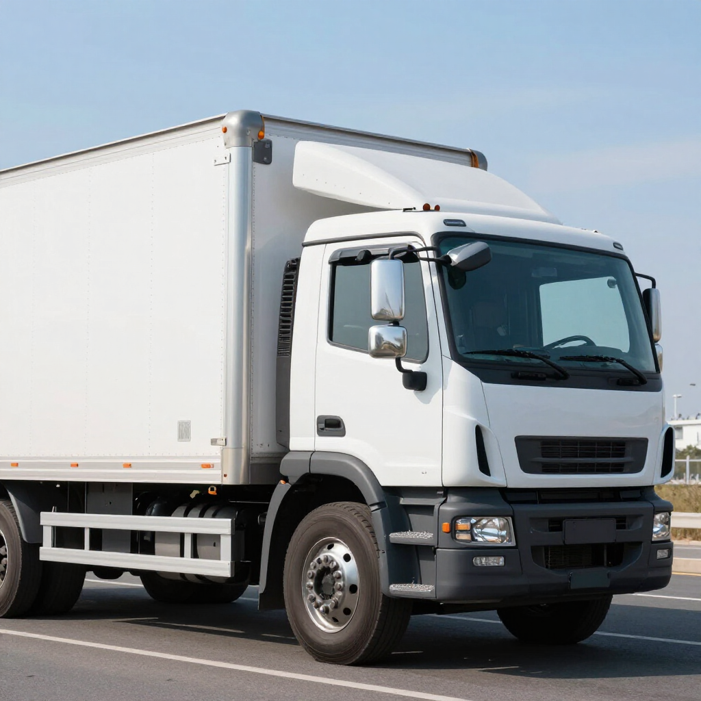Un camión blanco circulando por una carretera asfaltada bajo un cielo azul despejado.