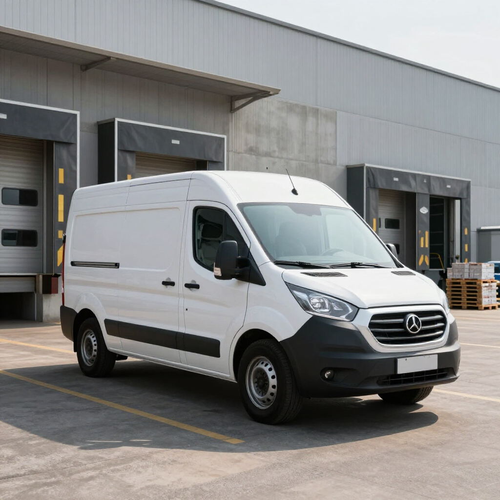 Una furgoneta de reparto blanca aparcada frente a un almacén comercial con muelles de carga.