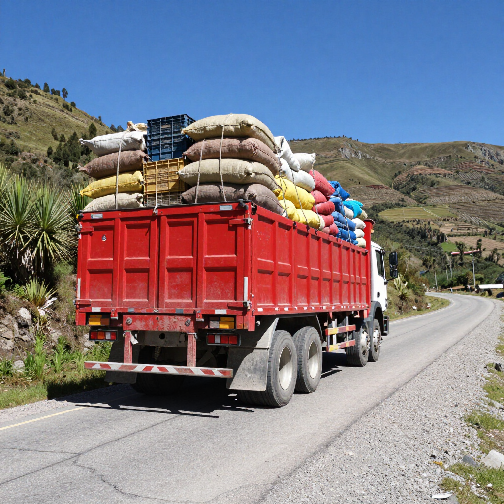 Un camión rojo, repleto de sacos y cajas multicolores, circulaba por una carretera que atravesaba un paisaje montañoso y soleado.