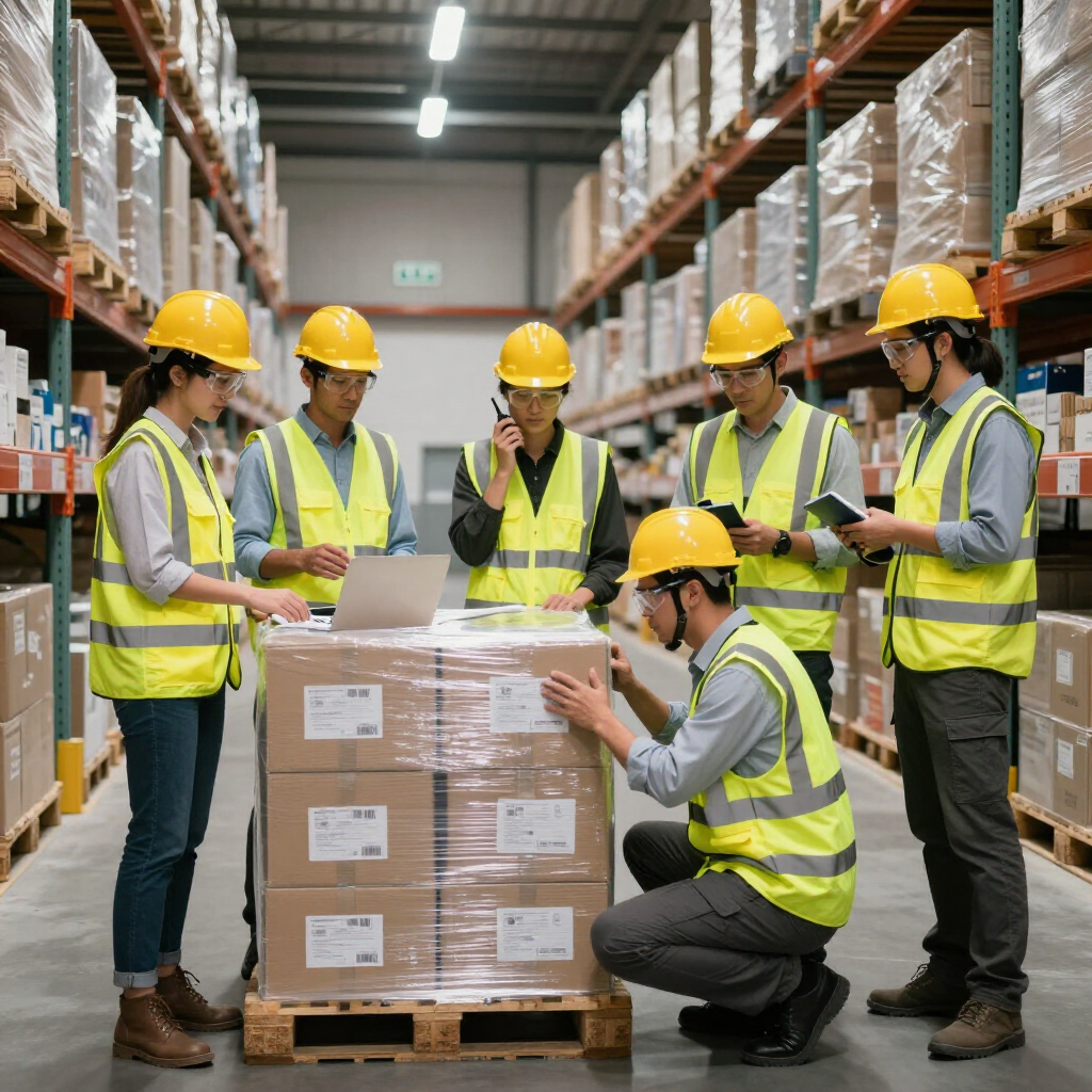 Los operarios de un almacén, con chalecos de seguridad y cascos, revisan el inventario colocado en un palé en un pasillo repleto de estanterías.