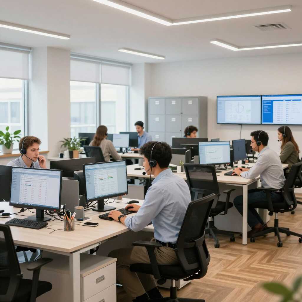 Empleados de oficina en un espacio luminoso y moderno, con auriculares puestos y trabajando en estaciones de trabajo informáticas.