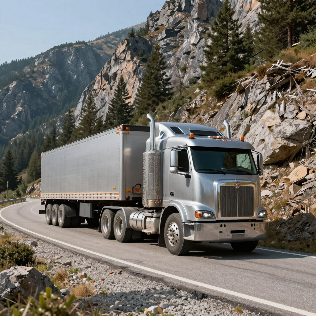 Un camión semirremolque plateado circula por una carretera sinuosa junto a una montaña rocosa cubierta de pinos.