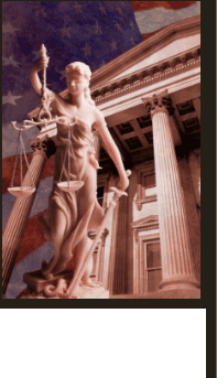 Lady Justice infront of American flag and courthouse
