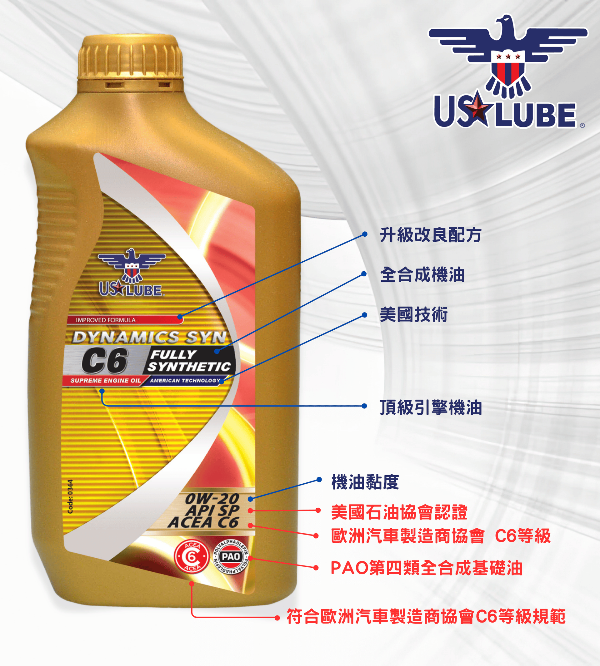 白色背景上的金色 USLUBE 機油瓶，瓶身印有中文文字和紅白標籤