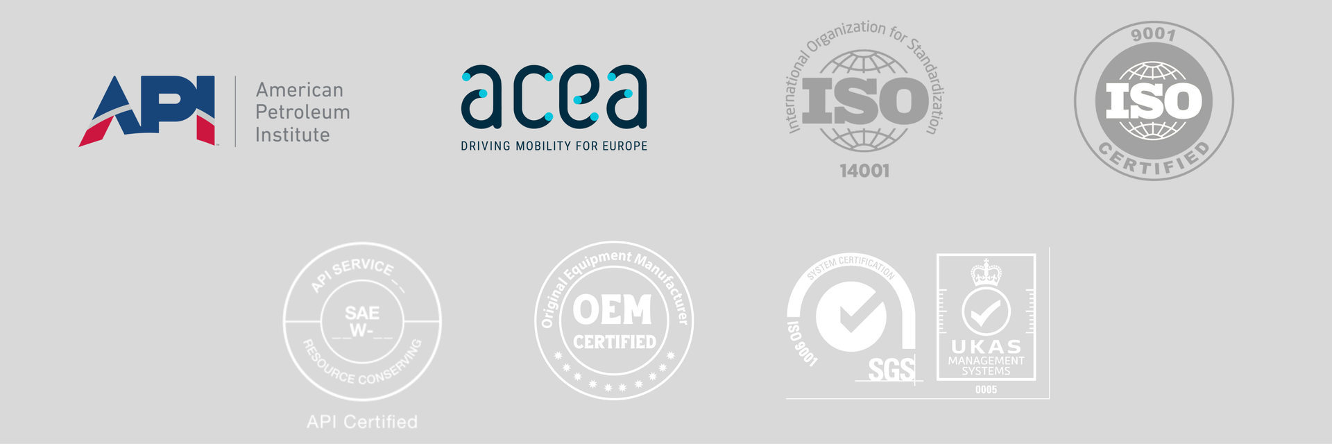 淺灰色背景上的一排認證標誌，包括 API、ACEA、ISO 和 OEM 標誌。