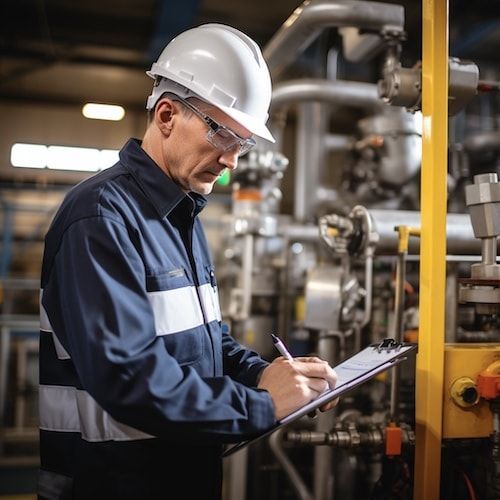 一名戴著安全帽的工人在工廠的工業機器旁做筆記。