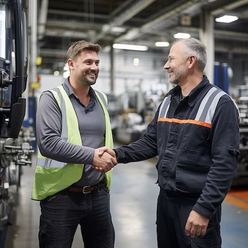 兩名身穿反光背心的工人在工業車間握手。