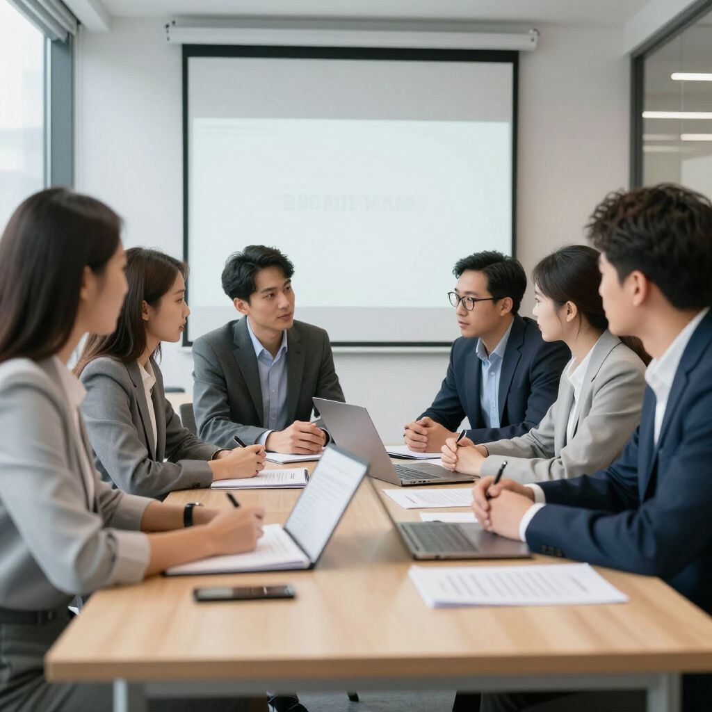 Een zakelijk team in pakken zit rond een tafel met laptops, notities en een projectiescherm tijdens een vergadering.