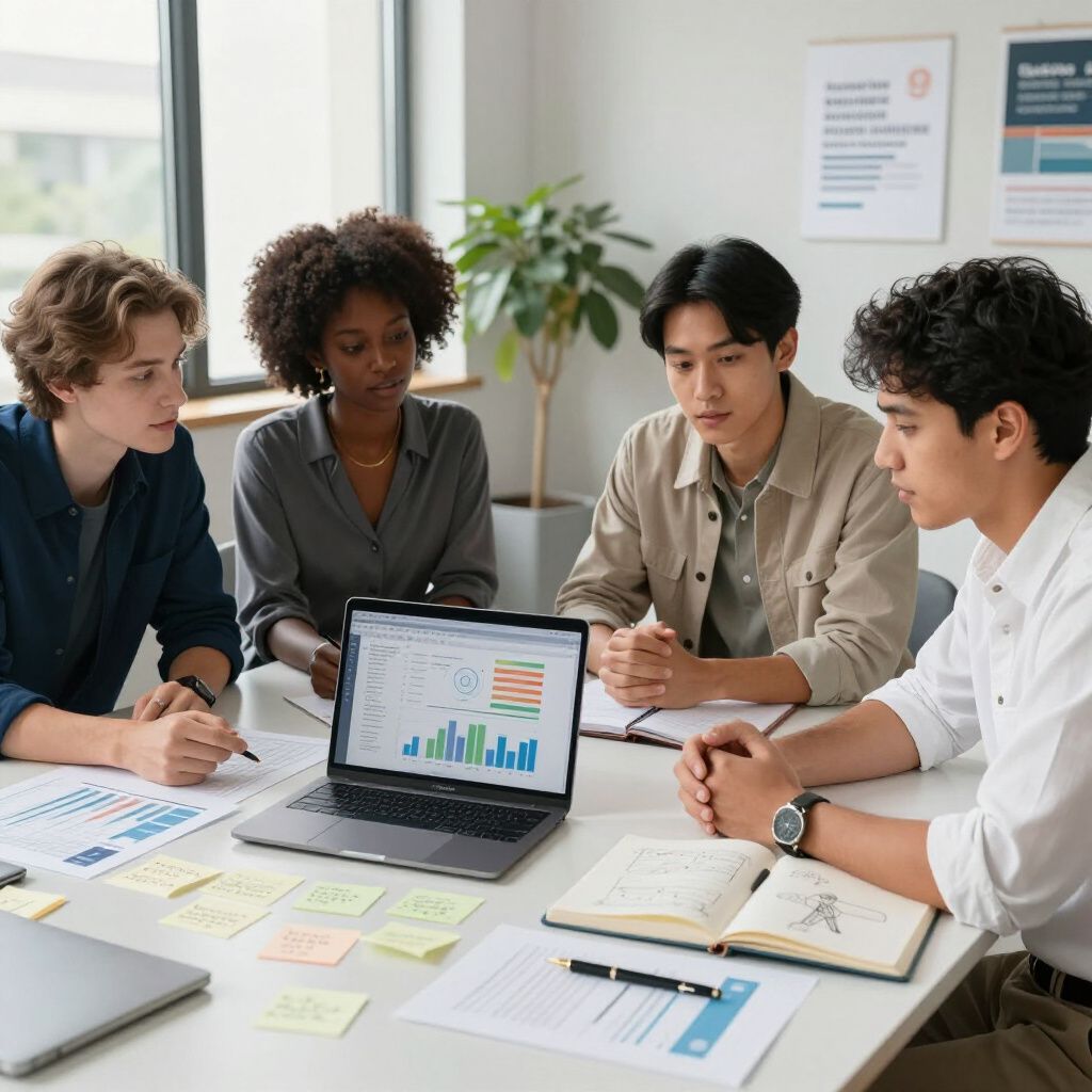 Vier mensen zitten aan een tafel en bekijken een laptop met datagrafieken; ze bespreken hun werk.