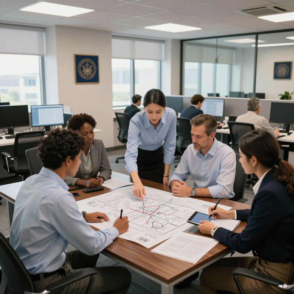 Een team van mensen zit aan een tafel en bekijkt en wijst op een kaart. Kantooromgeving met computers.