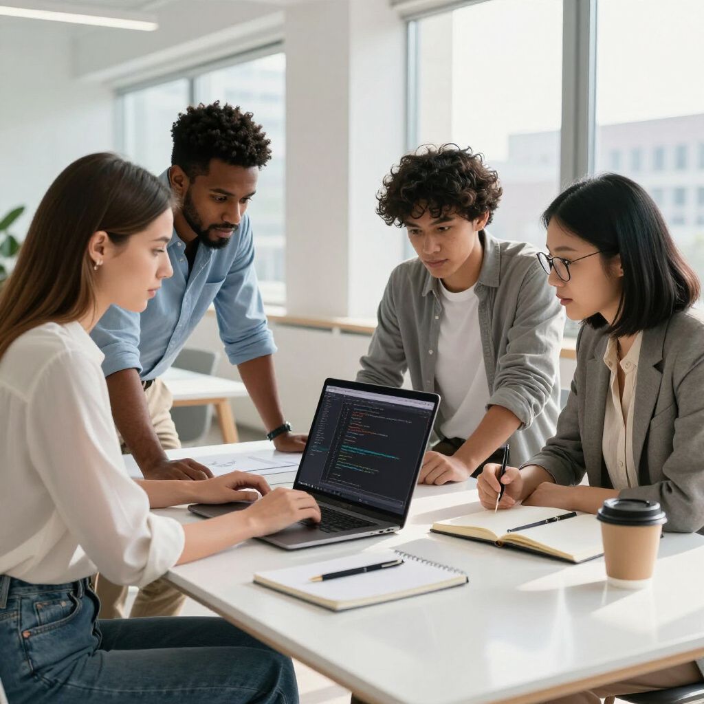 Vier mensen zitten in een kantoor, kijken naar een laptop en documenten en bespreken code.
