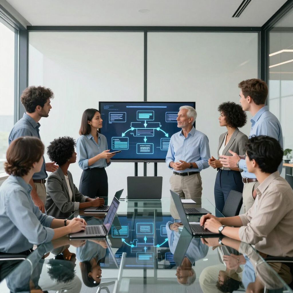 Een zakelijk team zit aan een vergadertafel en presenteert een project op een scherm.