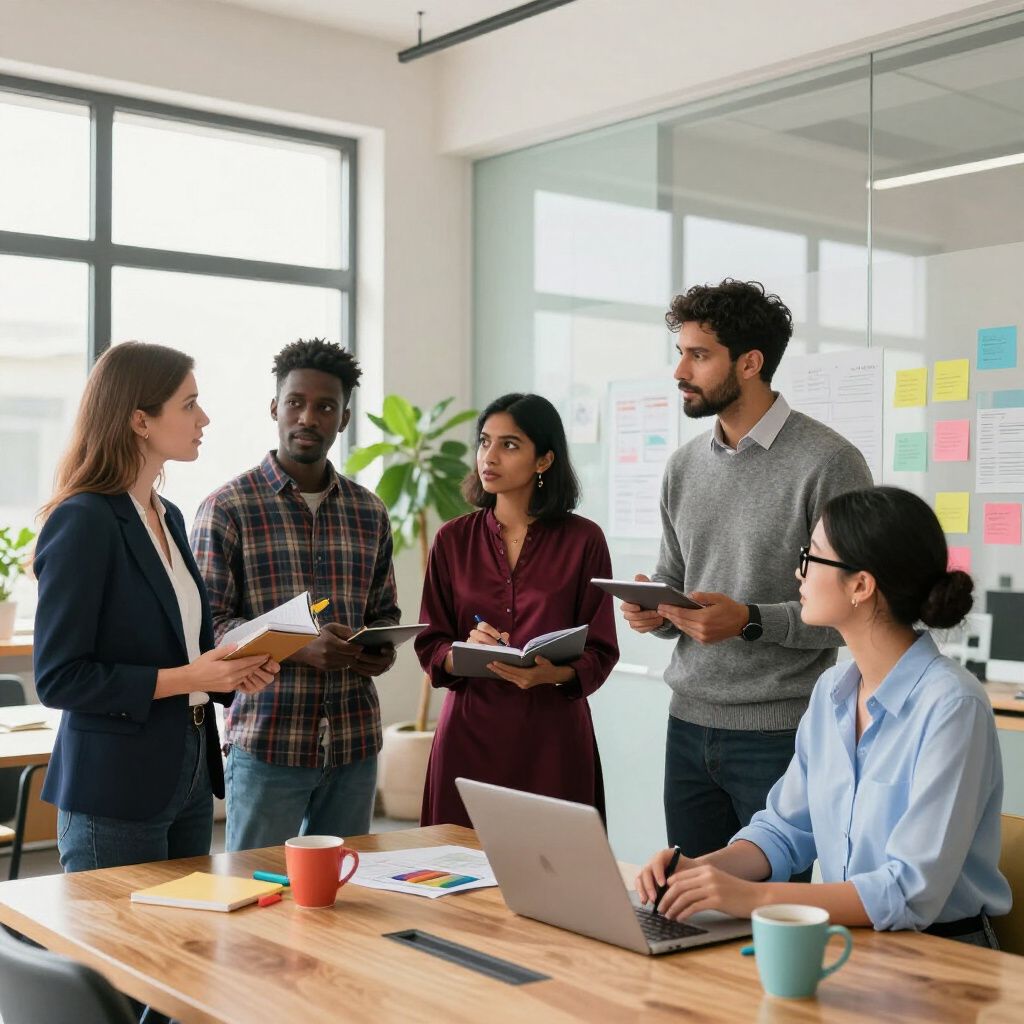 Teamleden vergaderen rond een tafel en bespreken en bekijken aantekeningen en een laptop.