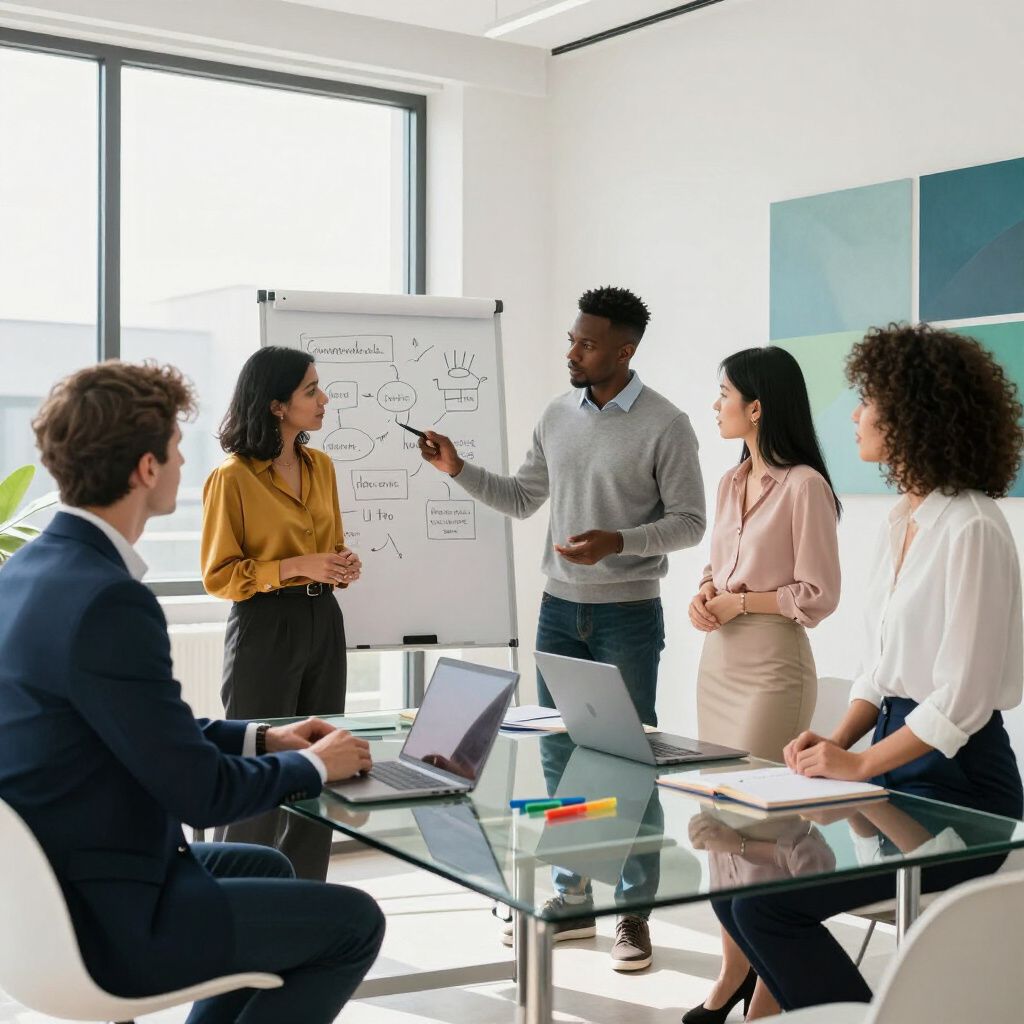 Een groep mensen in zakelijke kleding tijdens een vergadering, brainstormsessie op kantoor.