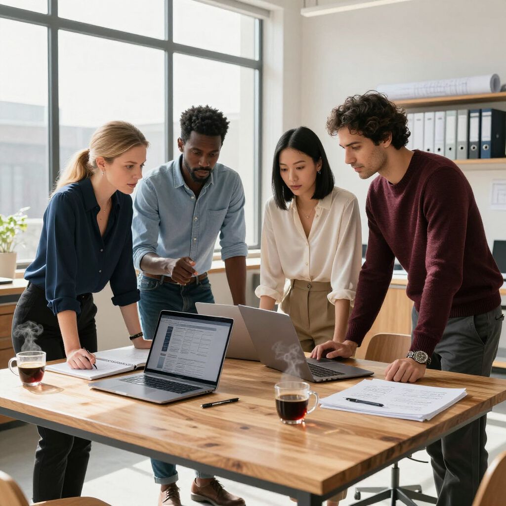 Vier mensen werken samen rond een houten tafel en bekijken laptops en documenten in een lichte kantoorruimte.
