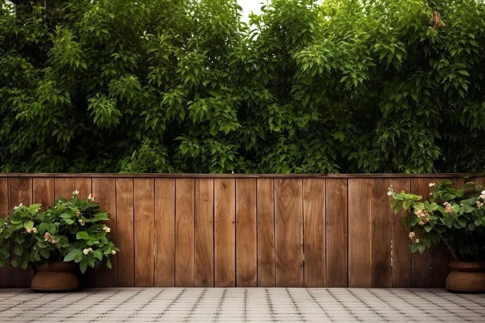 a wooden fence with potted plants in front of it