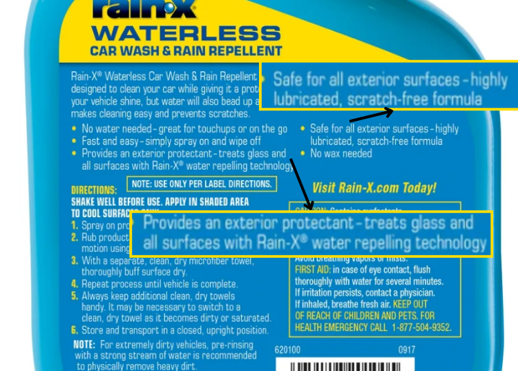 The back of a rain-x waterless car wash and rain repellent bottle