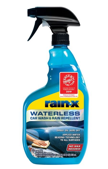 A bottle of rain x waterless car wash and rain repellent