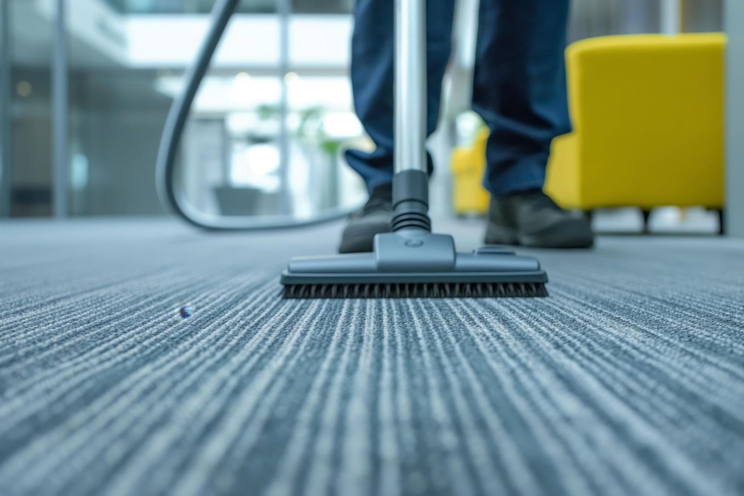 Person vacuuming a gray carpeted office floor.