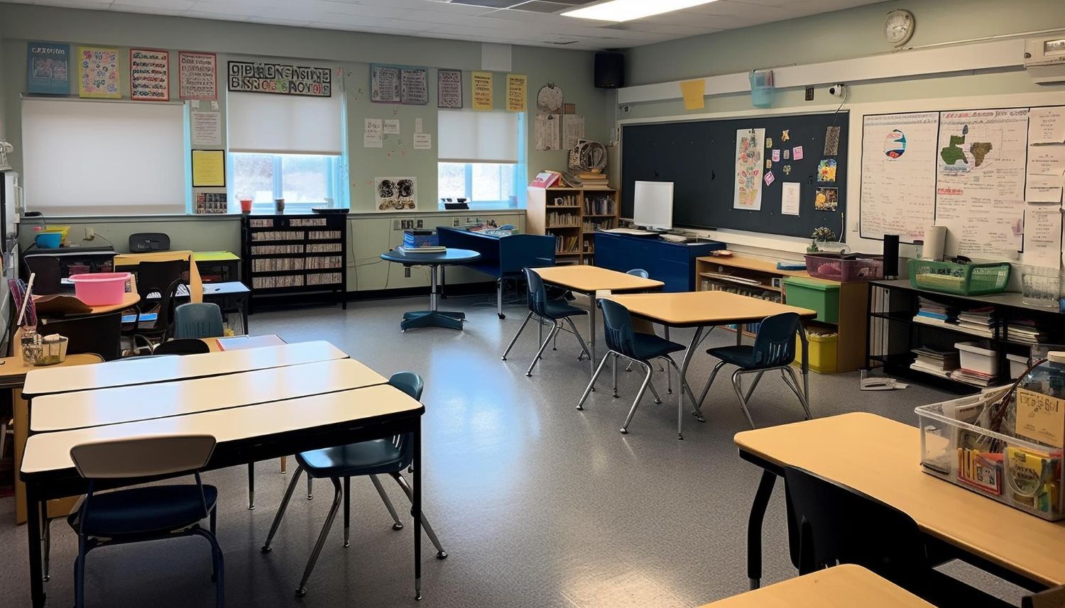 Empty classroom with desks, chairs, whiteboard, and learning materials.
