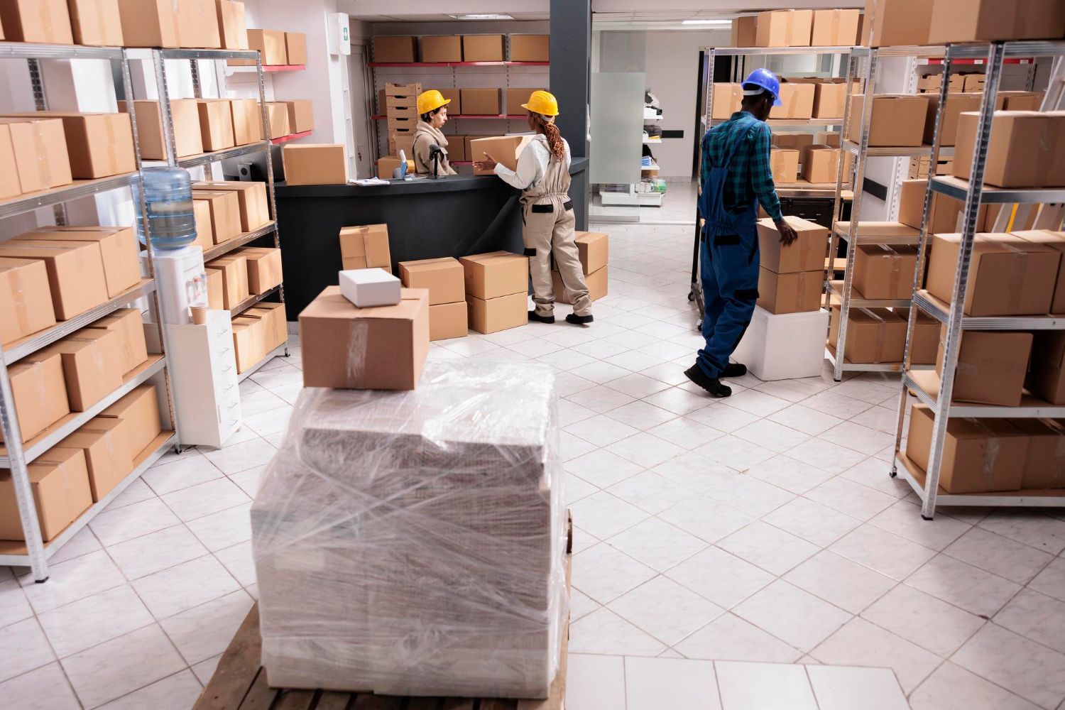 Warehouse interior: Workers in safety gear sorting and moving cardboard boxes on shelves.