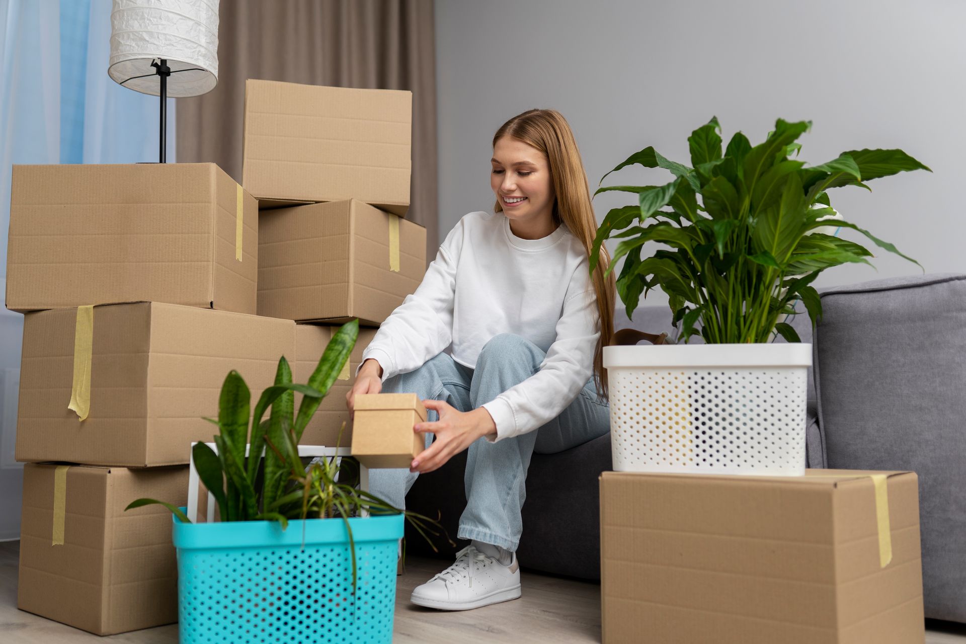 A woman is sitting on a couch surrounded by boxes and potted plants.