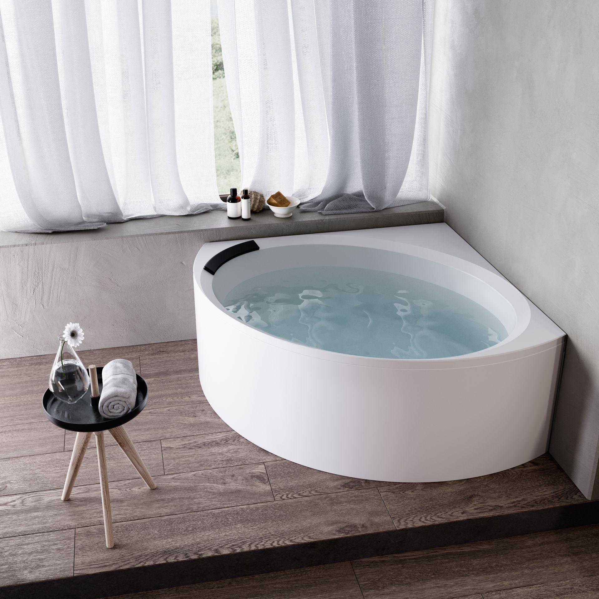 A bathtub is sitting in the corner of a bathroom next to a window.