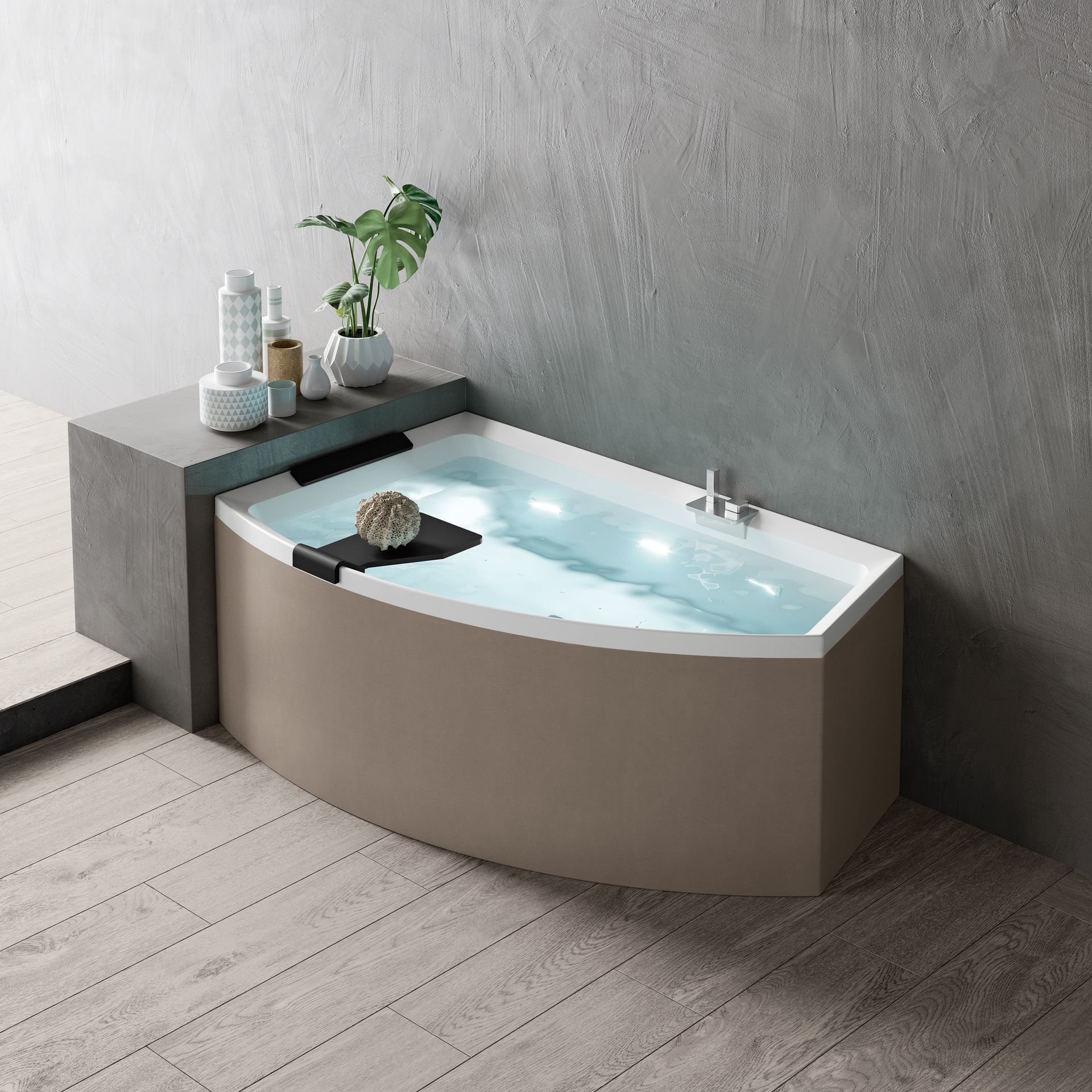 A bathtub in a bathroom with a plant on top of it