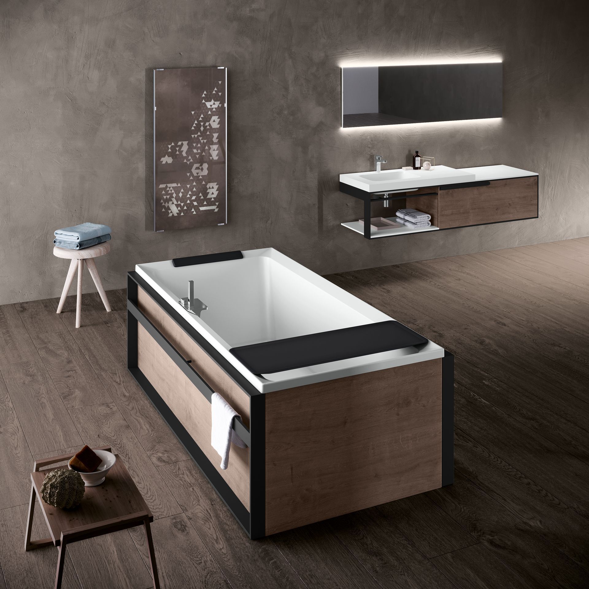 A bathroom with a bathtub a sink and a mirror