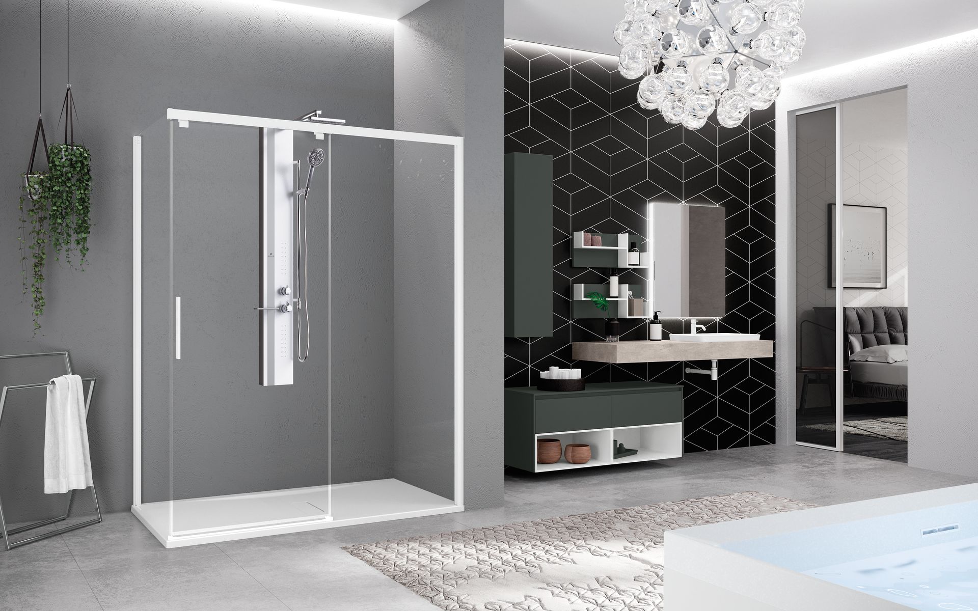 A bathroom with a sliding glass shower door