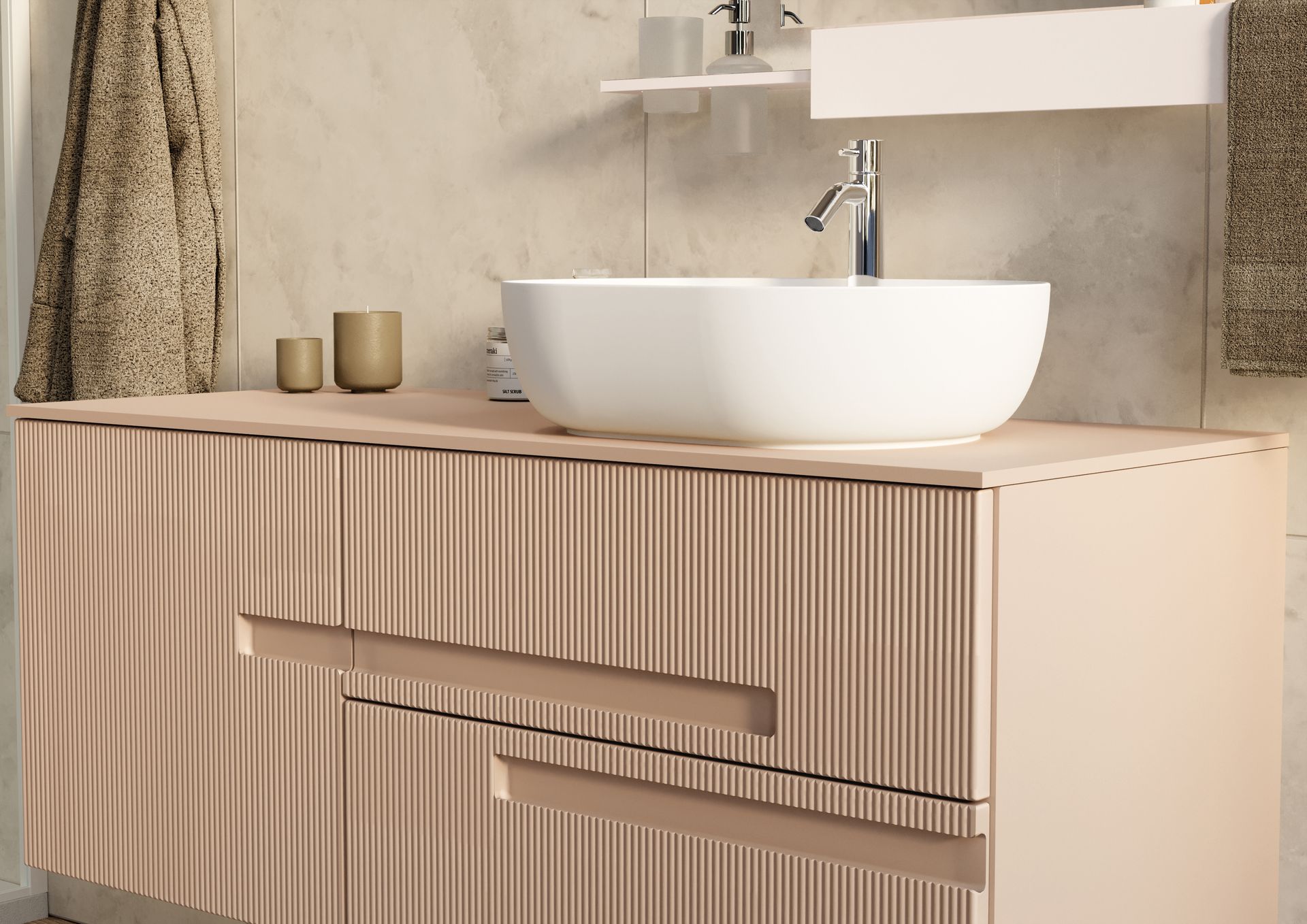 A bathroom vanity with a sink on top of it