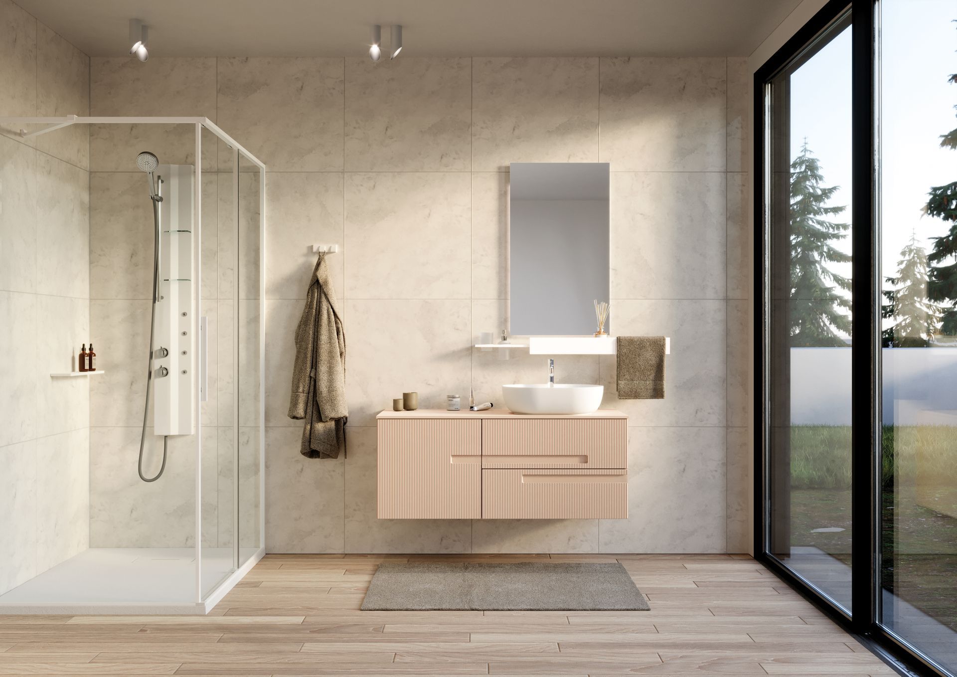 A bathroom with a sink , shower and mirror