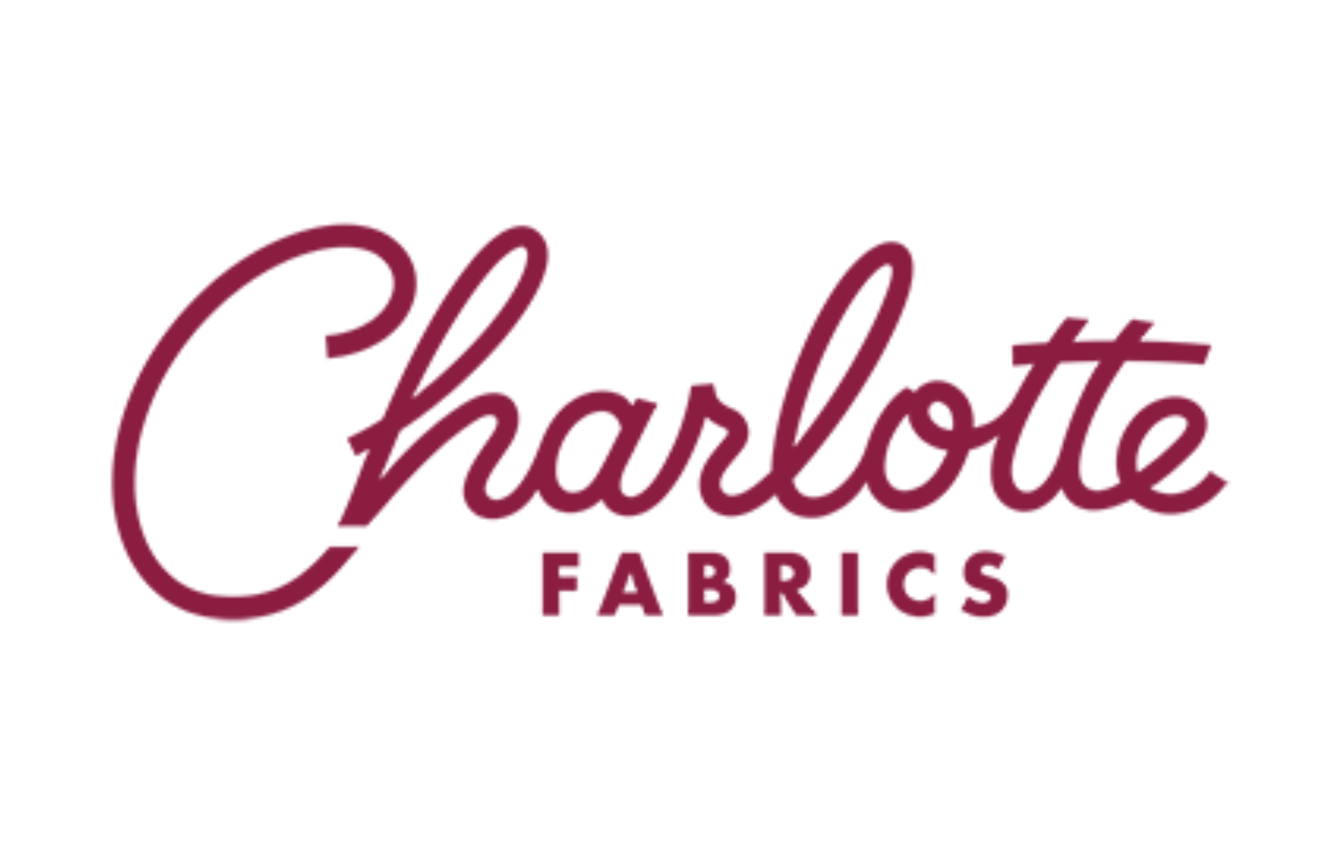 The logo for charlotte fabrics is a burgundy logo on a white background.