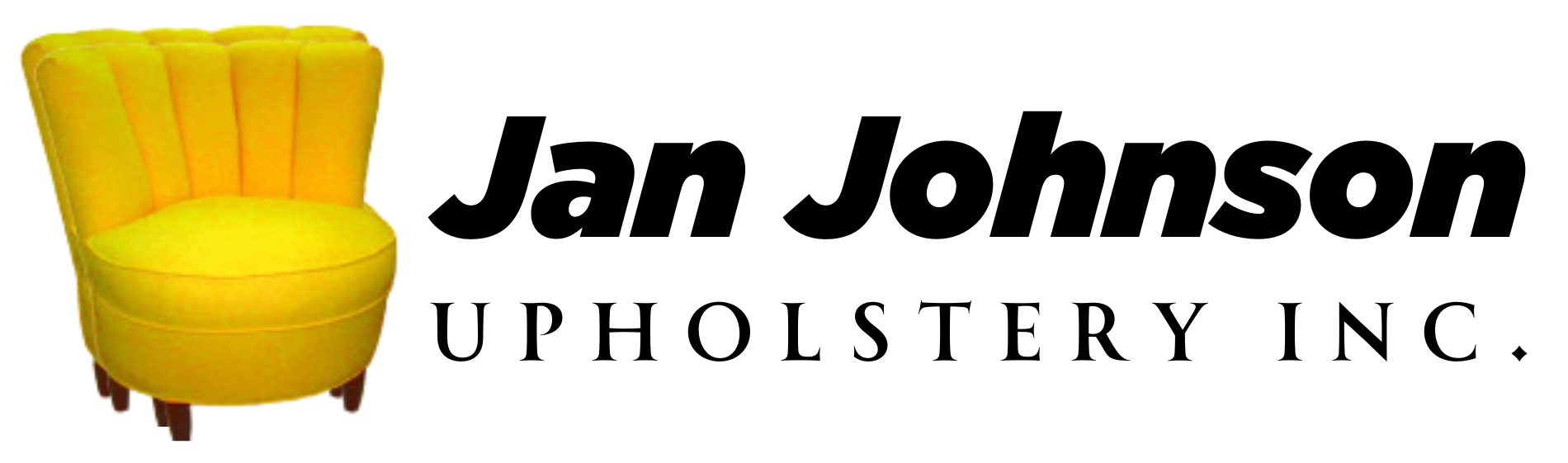 The logo for jan johnson upholstery inc. shows a yellow chair