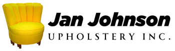 The logo for jan johnson upholstery inc. shows a yellow chair