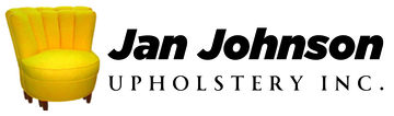 The logo for jan johnson upholstery inc. shows a yellow chair