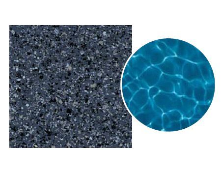 Dark blue pool finish sample next to a round image of rippling blue water.